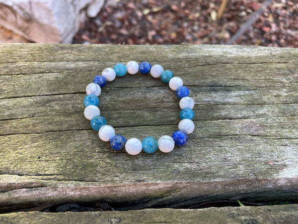 Bracelet élastique de lithothérapie "Triple protection" en Howlite Blanche, Lapis Lazuli et Apatite naturelle 8 mm