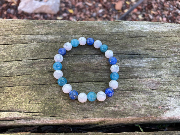 Bracelet élastique de lithothérapie "Triple protection" en Howlite Blanche, Lapis Lazuli et Apatite naturelle 8 mm
