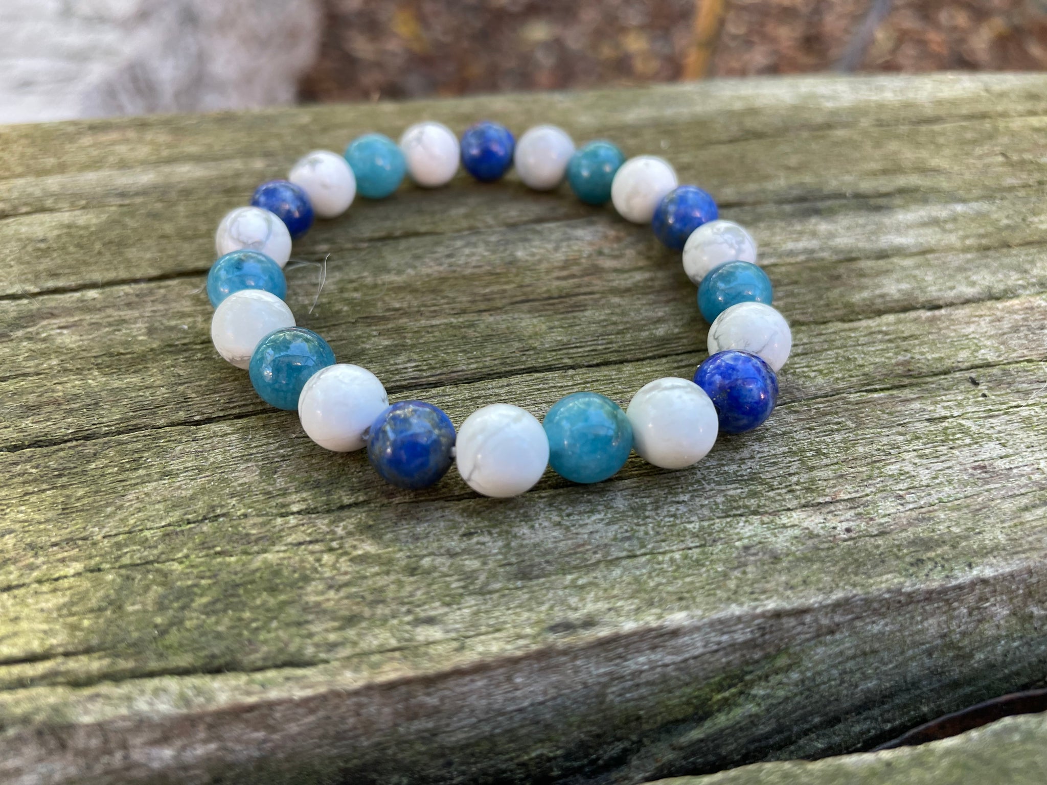 Bracelet élastique de lithothérapie "Triple protection" en Howlite Blanche, Lapis Lazuli et Apatite naturelle 8 mm