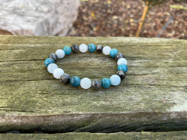 Bracelet élastique de lithothérapie "Triple protection" en Labradorite, Aigue Marine et Apatite naturelle