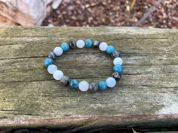 Bracelet élastique de lithothérapie "Triple protection" en Labradorite, Aigue Marine et Apatite naturelle