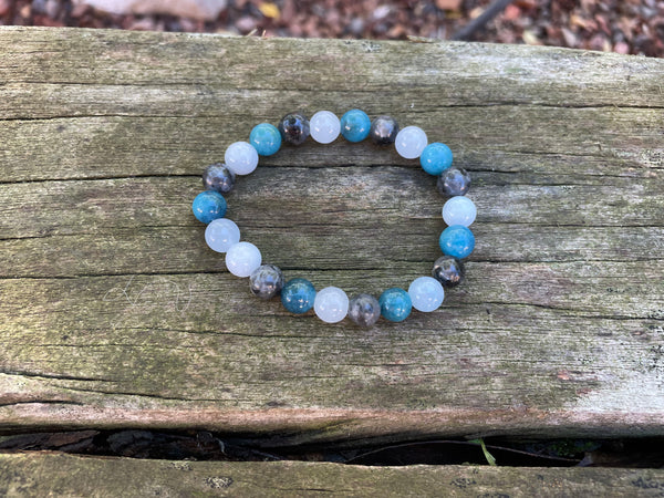 Bracelet élastique de lithothérapie "Triple protection" en Labradorite, Aigue Marine et Apatite naturelle