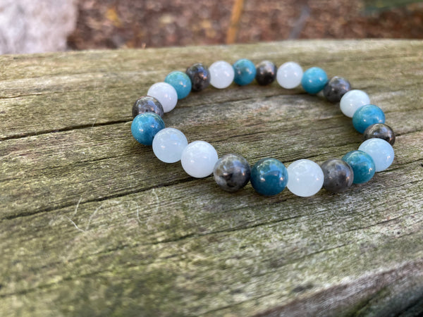 Bracelet élastique de lithothérapie "Triple protection" en Labradorite, Aigue Marine et Apatite naturelle
