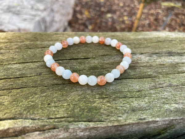Bracelet élastique de Lithothérapie en Pierre de Lune, Pierre du Soleil et Aigue Marine
