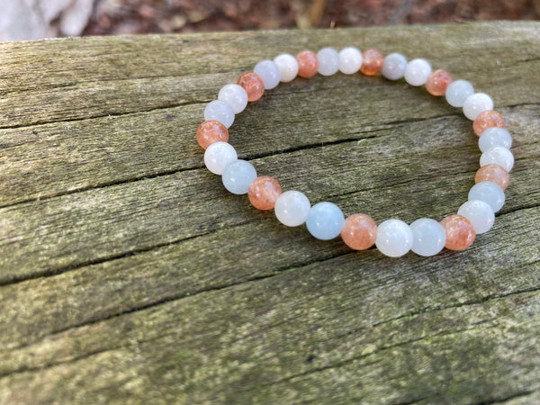 Bracelet élastique de Lithothérapie en Pierre de Lune, Pierre du Soleil et Aigue Marine