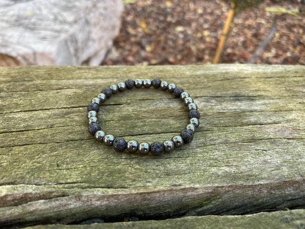 Bracelet élastique de Lithothérapie en Pierre de lave et Hématite