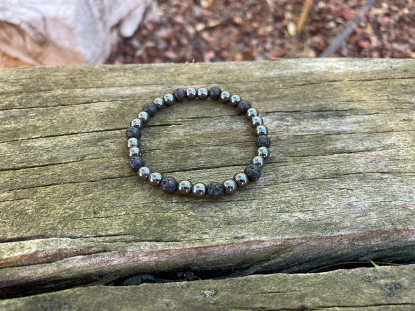 Bracelet élastique de Lithothérapie en Pierre de lave et Hématite