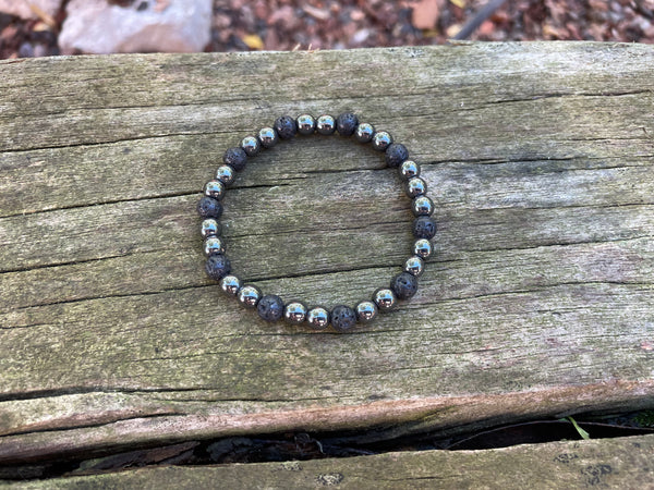 Bracelet élastique de Lithothérapie en Pierre de lave et Hématite