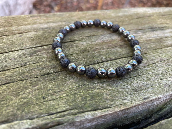 Bracelet élastique de Lithothérapie en Pierre de lave et Hématite