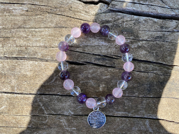 Bracelet élastique de Lithothérapie "Triple Protection" Quartz Rose, Cristal de Roche et Améthyste