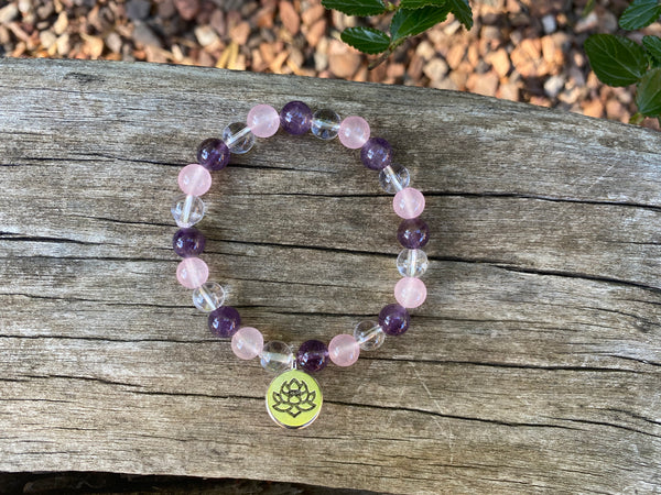 Bracelet élastique de Lithothérapie "Triple Protection" Quartz Rose, Cristal de Roche et Améthyste