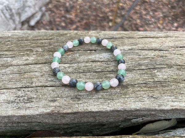 Bracelet élastique de Lithothérapie "Triple Protection" Labradorite, Aventurine et Quartz Rose