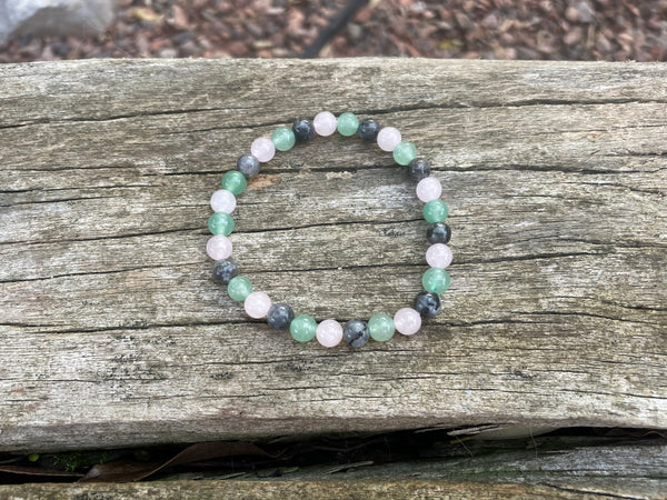 Bracelet élastique de Lithothérapie "Triple Protection" Labradorite, Aventurine et Quartz Rose