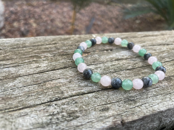 Bracelet élastique de Lithothérapie "Triple Protection" Labradorite, Aventurine et Quartz Rose