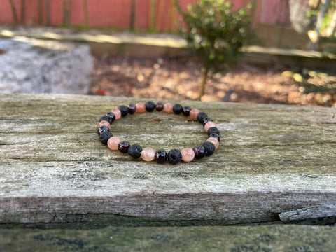 Bracelet élastique de Lithothérapie "Triple Protection" Grenat, Pierre de Lave et Pierre du Soleil
