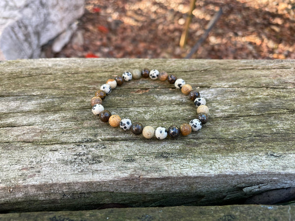 Bracelet élastique Lithothérapie en Bronzite, Jaspe Dalmatien et Jaspe paysage