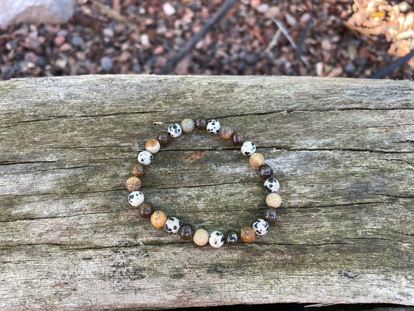 Bracelet élastique Lithothérapie en Bronzite, Jaspe Dalmatien et Jaspe paysage