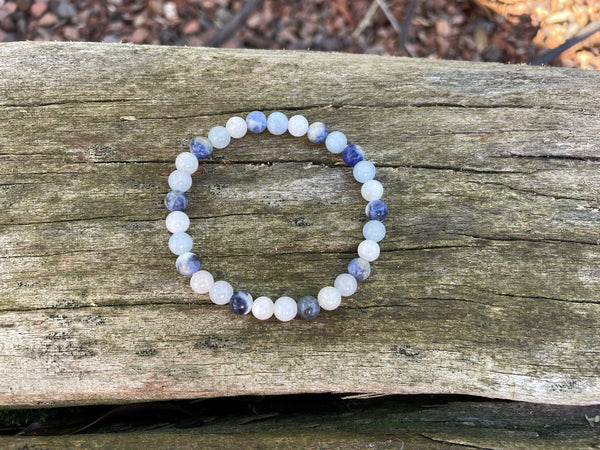Bracelet élastique de Lithothérapie en Pierre de Lune, Sodalite et Aigue Marine