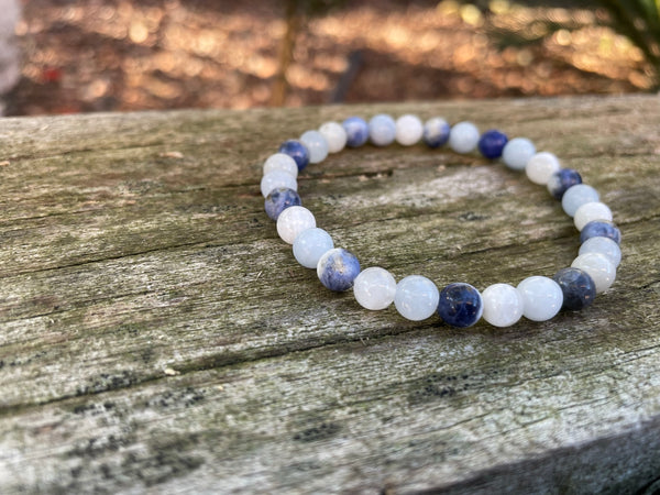 Bracelet élastique de Lithothérapie en Pierre de Lune, Sodalite et Aigue Marine