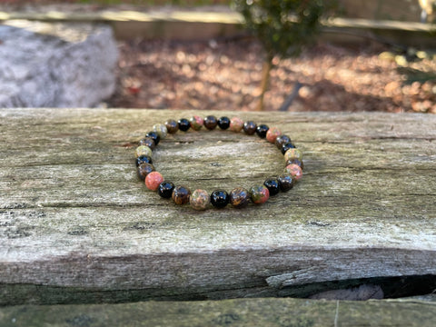 Bracelet élastique Lithothérapie en Bronzite, Unakite et Onyx