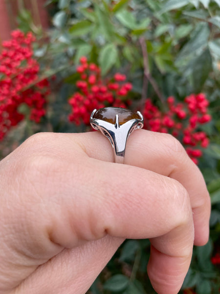 Bague réglable en Oeil de Tigre naturel cabochon forme goutte