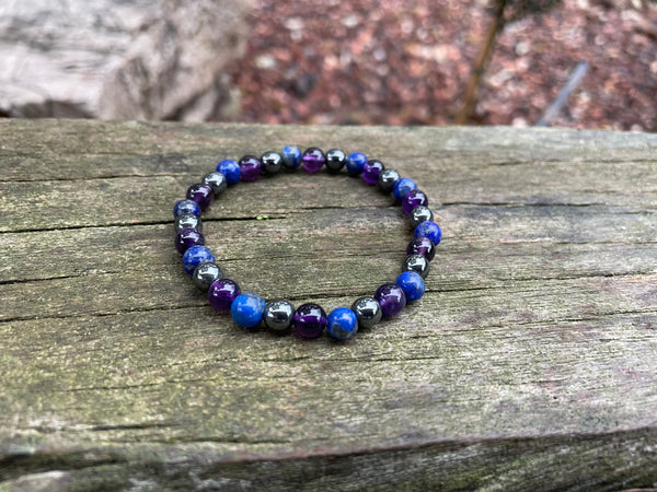 Bracelet migraine et maux de tête en Hématite, Lapis Lazuli et Améthyste
