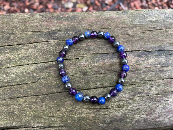 Bracelet migraine et maux de tête en Hématite, Lapis Lazuli et Améthyste