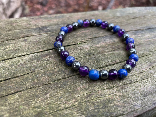 Bracelet migraine et maux de tête en Hématite, Lapis Lazuli et Améthyste