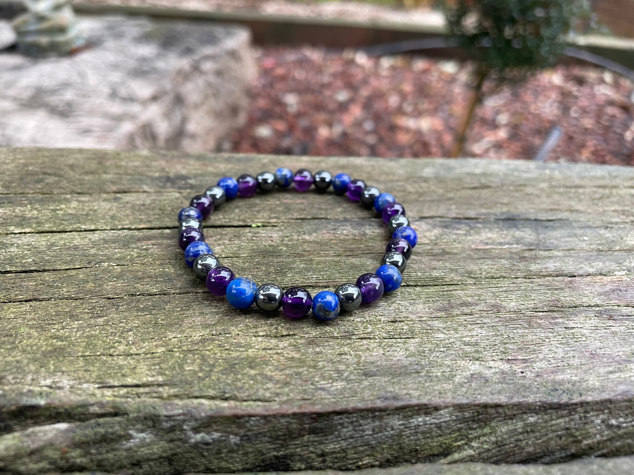 Bracelet migraine et maux de tête en Hématite, Lapis Lazuli et Améthyste