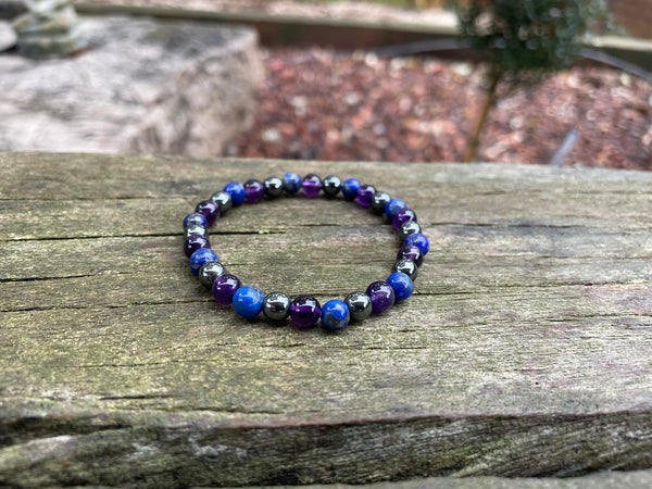 Bracelet migraine et maux de tête en Hématite, Lapis Lazuli et Améthyste