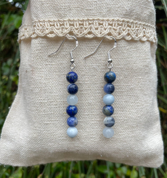Boucles d'oreilles pendantes "Triple Protection" Sodalite, Lapis Lazuli et Aigue Marine