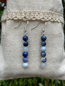 Boucles d'oreilles pendantes "Triple Protection" Sodalite, Lapis Lazuli et Aigue Marine