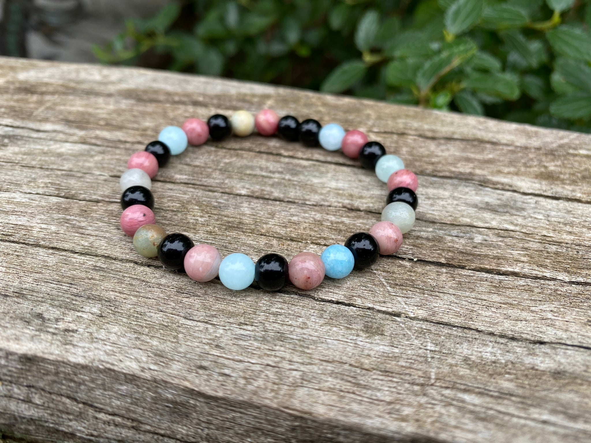 Bracelet élastique de Lithothérapie "Triple Protection" Onyx noire, Rhodochrosite et Amazonite