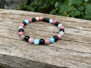 Bracelet élastique de Lithothérapie "Triple Protection" Onyx noire, Rhodochrosite et Amazonite