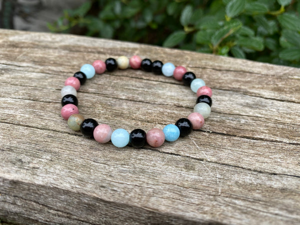 Bracelet élastique de Lithothérapie "Triple Protection" Onyx noire, Rhodochrosite et Amazonite