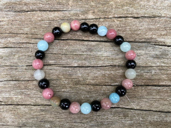 Bracelet élastique de Lithothérapie "Triple Protection" Onyx noire, Rhodochrosite et Amazonite