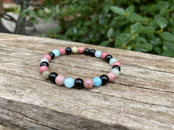 Bracelet élastique de Lithothérapie "Triple Protection" Onyx noire, Rhodochrosite et Amazonite