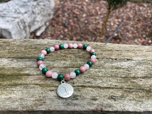 Bracelet de lithothérapie en Malachite, Quartz Rose et Rhodochrosite