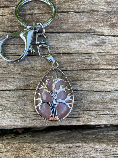 Porte-clefs ou bijou de sac Arbre de vie en Quartz Rose