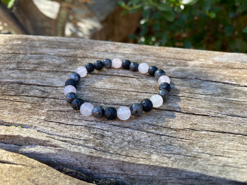 Bracelet élastique de Lithothérapie "Triple Protection" Labradorite, Pierre de lave et Quartz Rose