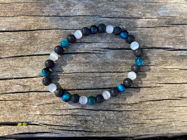 Bracelet élastique de Lithothérapie "Triple Protection" Oeil de tigre turquoise, Pierre de lave et Pierre de Lune