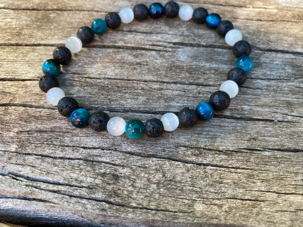 Bracelet élastique de Lithothérapie "Triple Protection" Oeil de tigre turquoise, Pierre de lave et Pierre de Lune