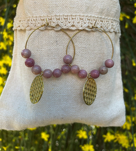 Boucles d'oreilles créoles en Rhodochrosite et fleur de vie