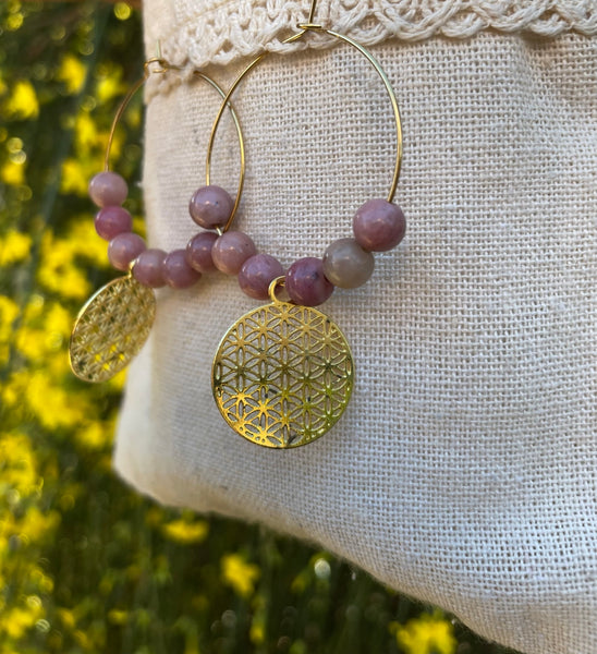 Boucles d'oreilles créoles en Rhodochrosite et fleur de vie