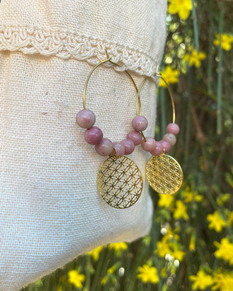 Boucles d'oreilles créoles en Rhodochrosite et fleur de vie