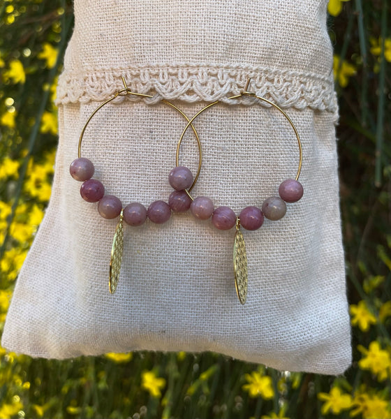 Boucles d'oreilles créoles en Rhodochrosite et fleur de vie