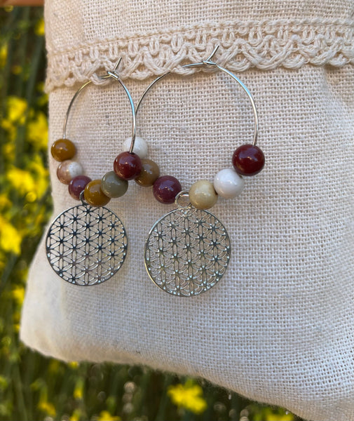 Boucles d'oreilles créoles argentées en Jaspe Mokaïte et fleur de vie