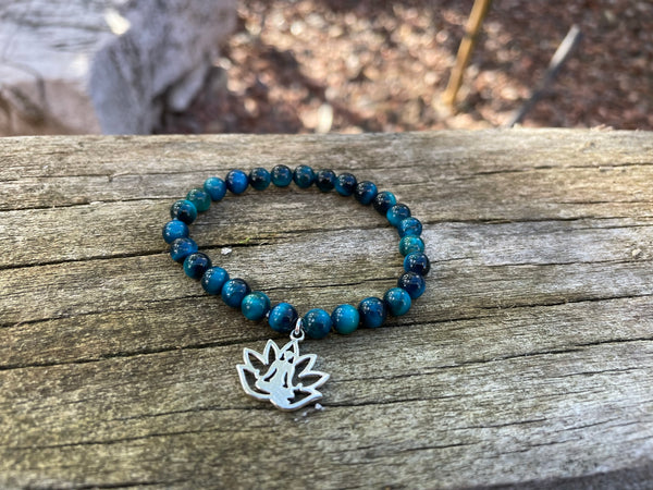 Bracelet élastique de Lithothérapie en Oeil de Tigre bleu Turquoise