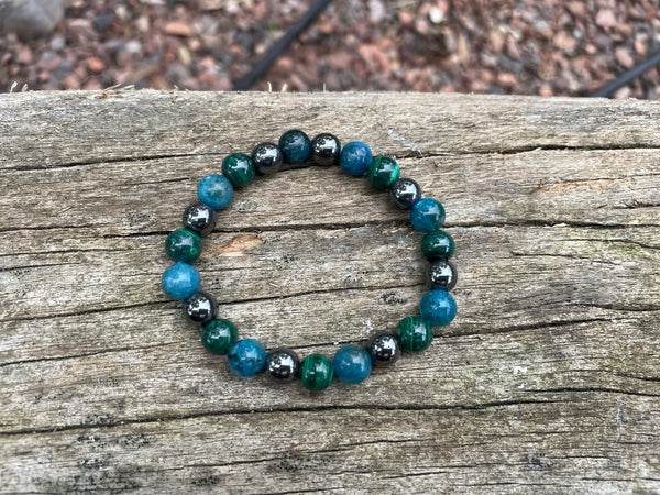Bracelet de lithothérapie en Malachite, Hématite et Apatite 8 mm