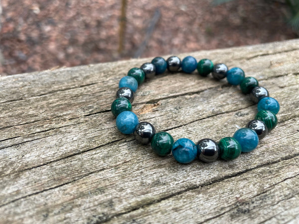 Bracelet de lithothérapie en Malachite, Hématite et Apatite 8 mm